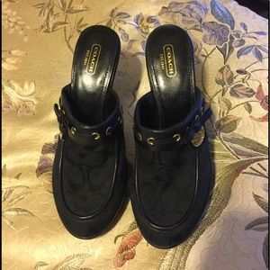 Coach Black Signature Canvas & Leather Mules with Gold Hardware